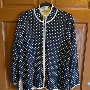 Misook-Black knit sweater with tan polka dots and metallic thread Size LP.